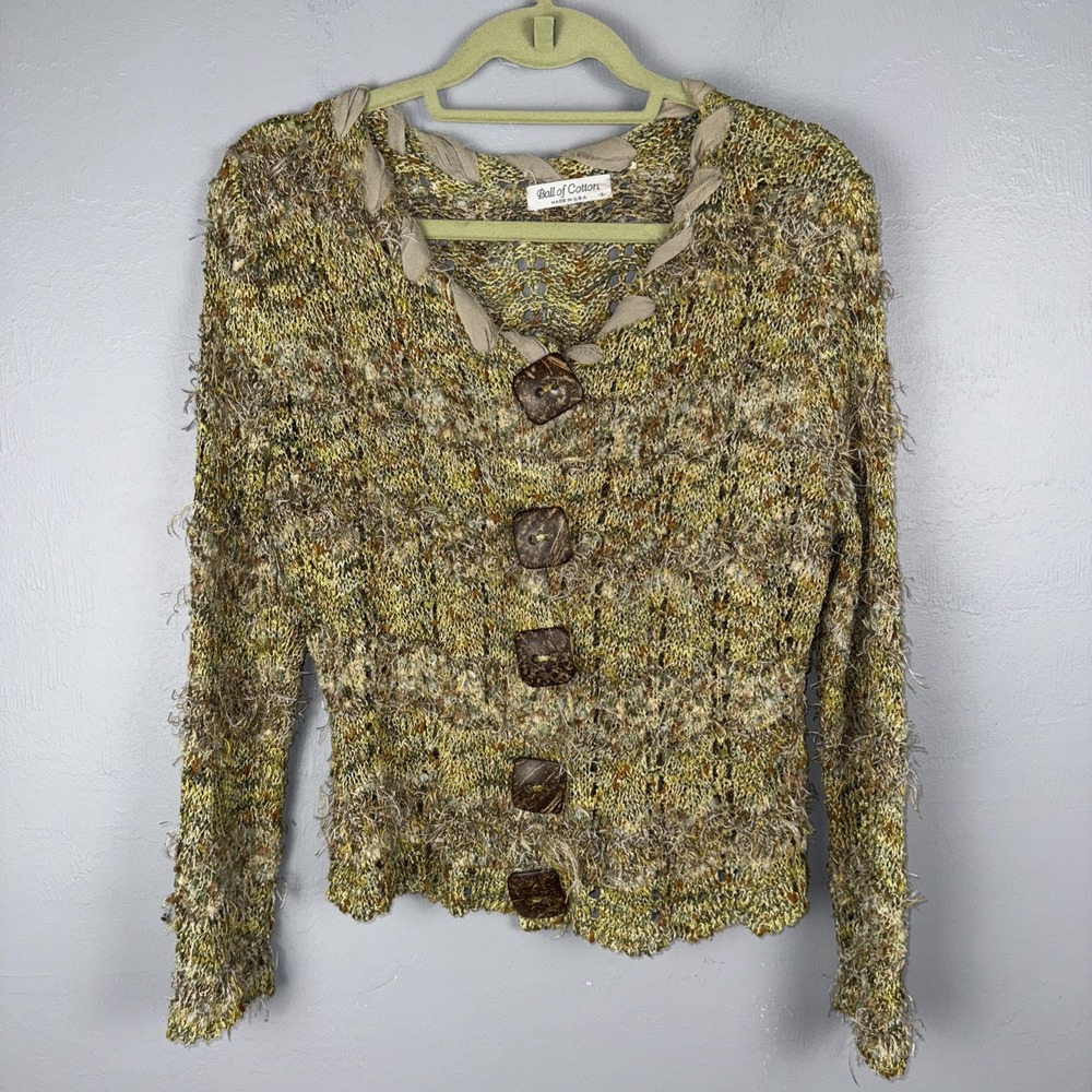 Ball Of Cotton Silk Blend Cardigan Open Knit Women's Small Vintage Made In USA